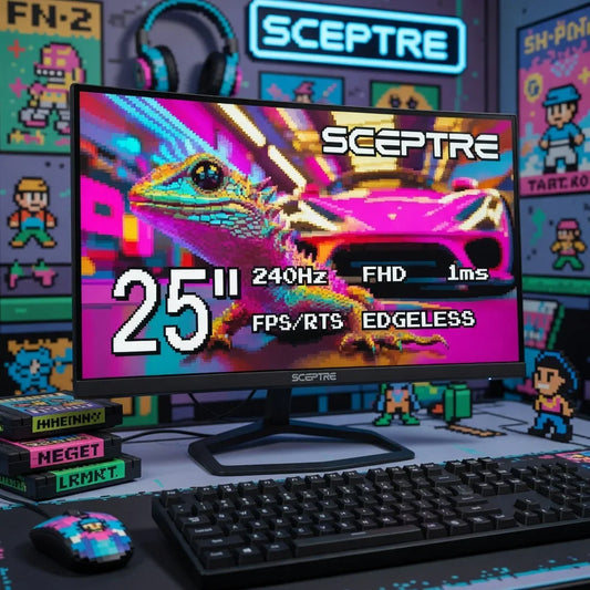 25-inch gaming monitor with 240Hz refresh rate, 1ms response, RGB keyboard, and retro 8-bit decor