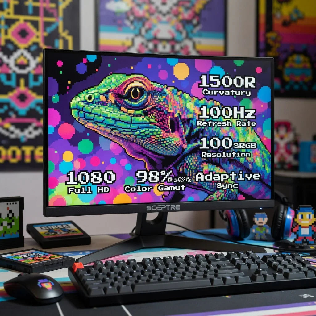 8-bit gaming desk setup with a Sceptre monitor showing pixel art lizard and display specs
