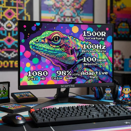 8-bit gaming desk setup with a Sceptre monitor showing pixel art lizard and display specs