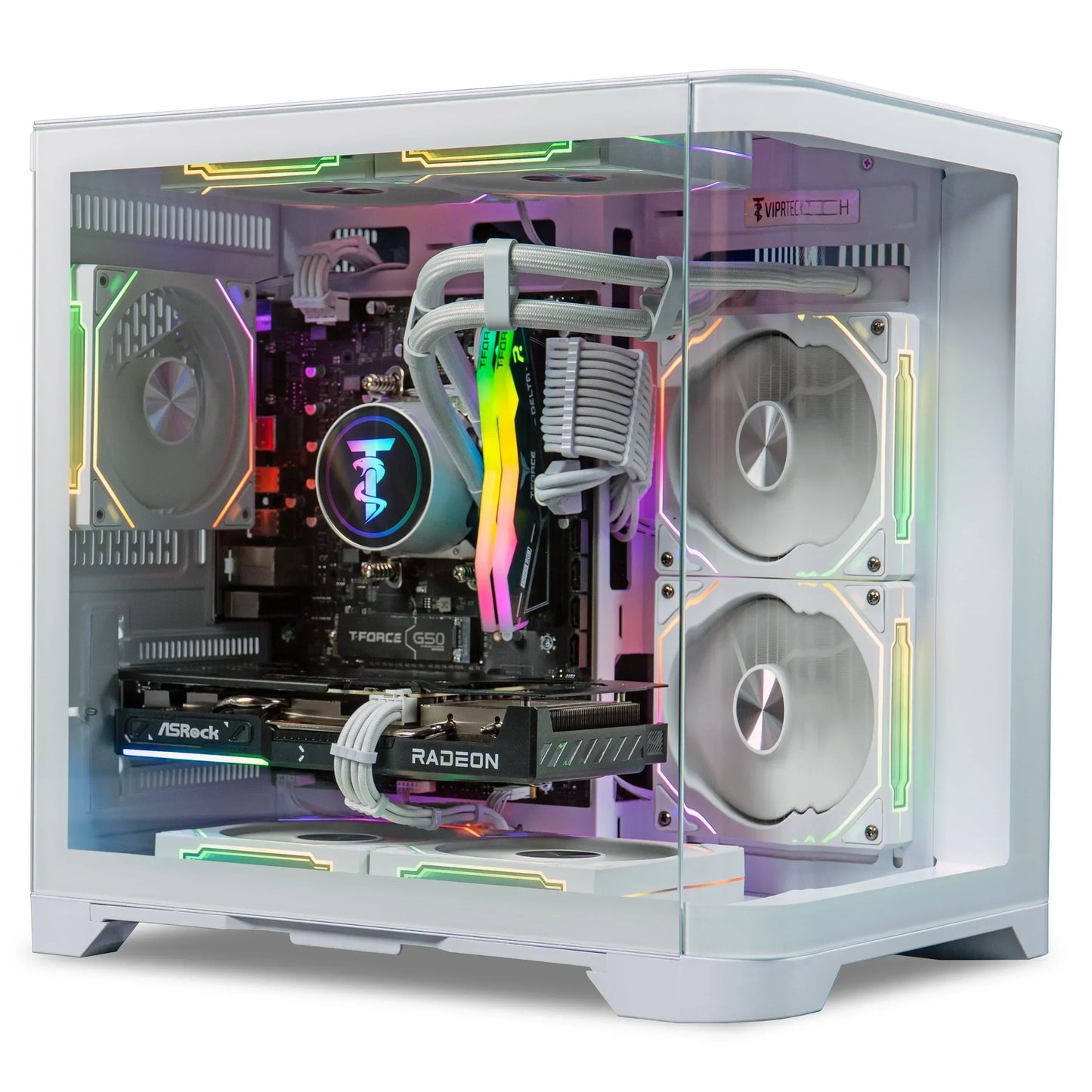 White gaming PC with RGB lighting, liquid cooling, and Radeon graphics inside glass case