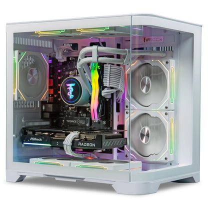 White gaming PC with RGB lighting, liquid cooling, and Radeon graphics inside glass case