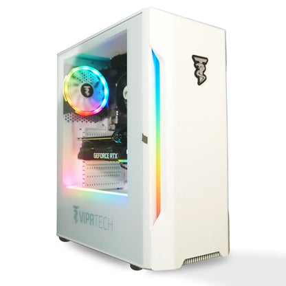 White ViprTech Rebel 4.0 gaming PC with RGB lighting, GeForce RTX, and transparent side panel
