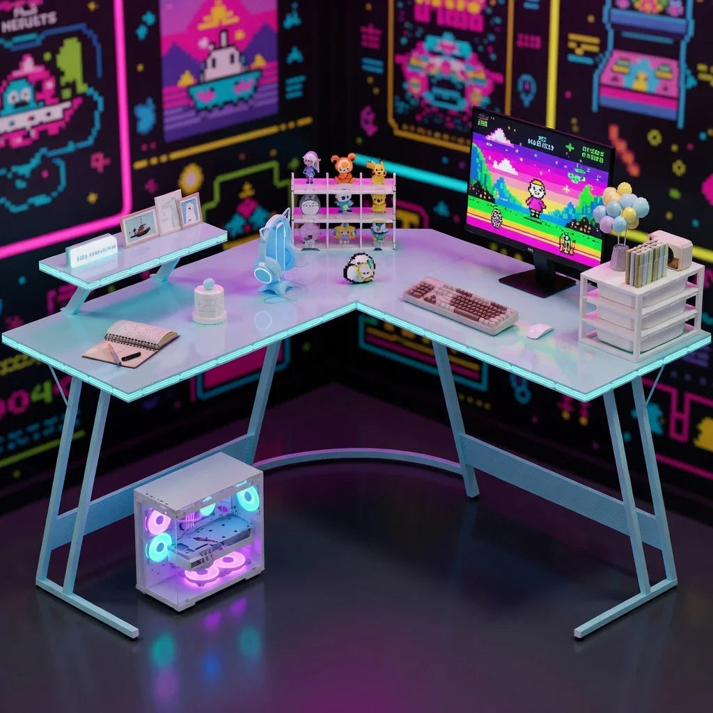 Retro gaming setup with RGB PC, LED L-shaped desk, headset, and 8-bit decor