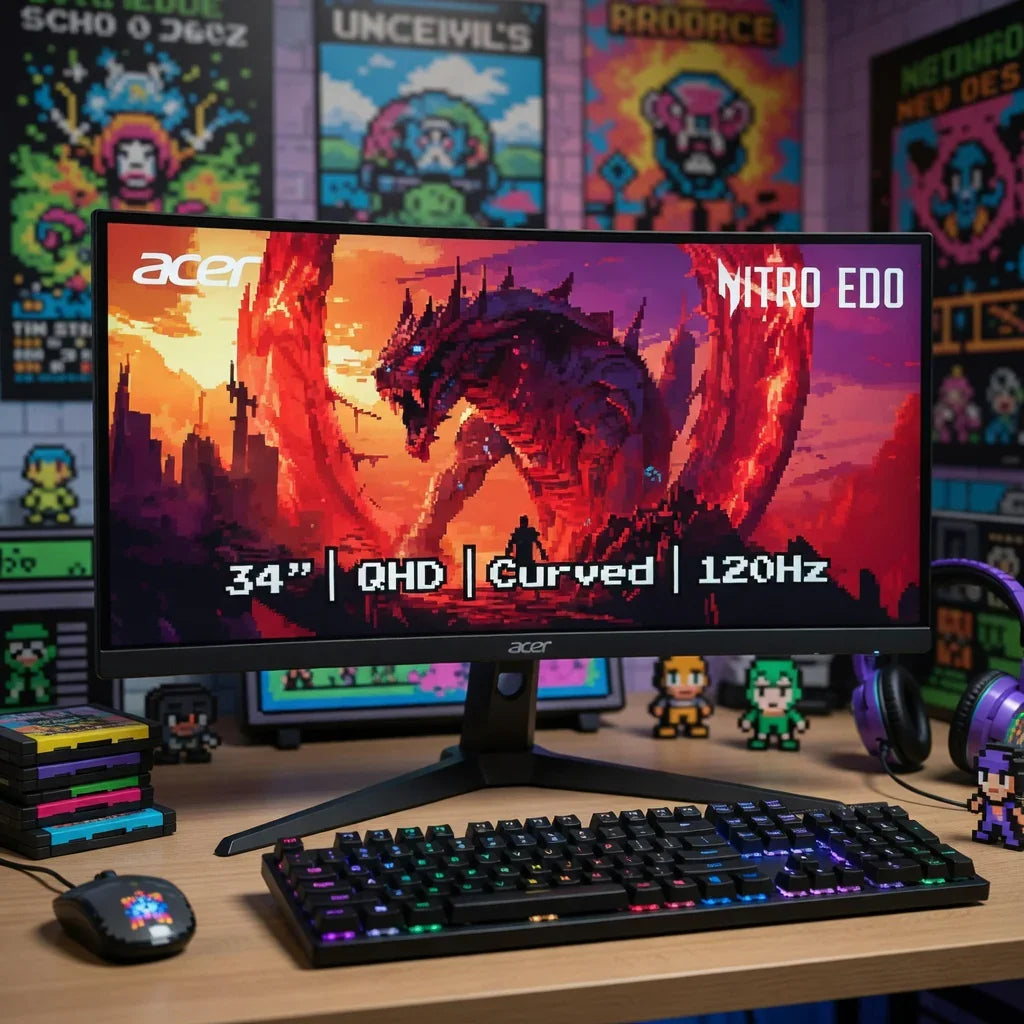 Curved 34-inch QHD gaming monitor with RGB keyboard, mouse, and pixel art decor in retro setup