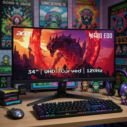 Curved 34-inch QHD gaming monitor with RGB keyboard, mouse, and pixel art decor in retro setup