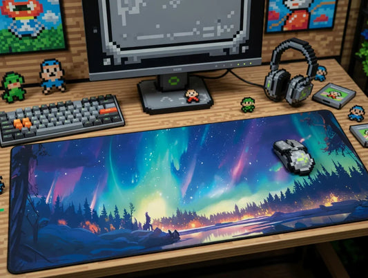 Pixel art gaming setup with RGB keyboard, 8-bit style mouse, aurora borealis desk mat, and retro accessories