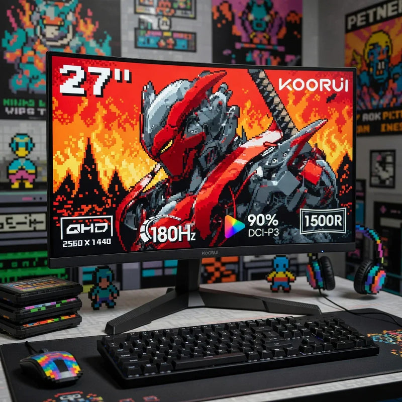 Gaming desk setup with 27-inch KOORUI monitor, mechanical keyboard, 8-bit art decor, and pixel gaming accessories