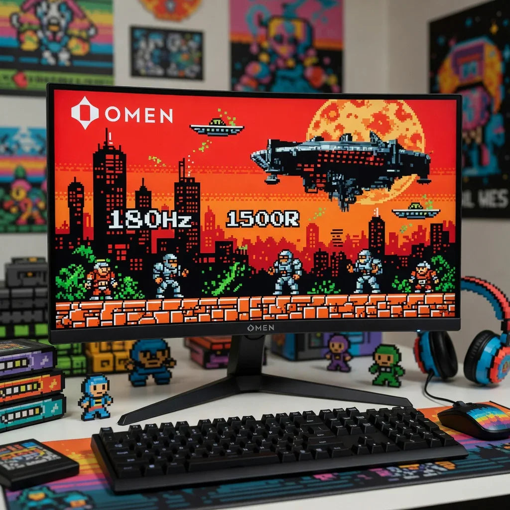 Retro gaming setup with Omen monitor displaying pixel art game, keyboard, mouse, and colorful 8-bit decor.