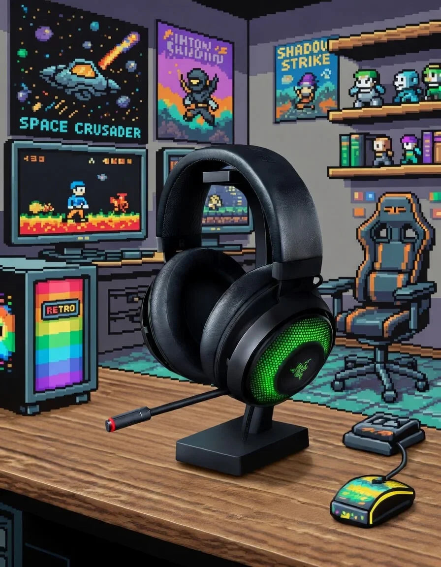 Retro 8-bit gaming setup with RGB headset, pixel mouse, and pixel art decor