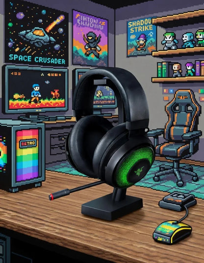 Retro 8-bit gaming setup with RGB headset, pixel mouse, and pixel art decor