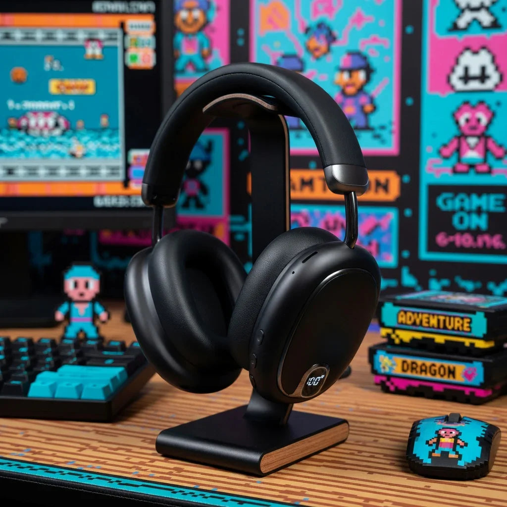 Black wireless gaming headset on stand, retro 8-bit desktop setup, colorful pixel art background