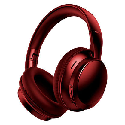 Red wireless Bluetooth over-ear headphones with cushioned ear pads on white background
