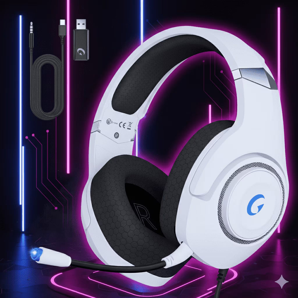 White wireless gaming headset with detachable mic, USB-C dongle, and audio cable on neon background