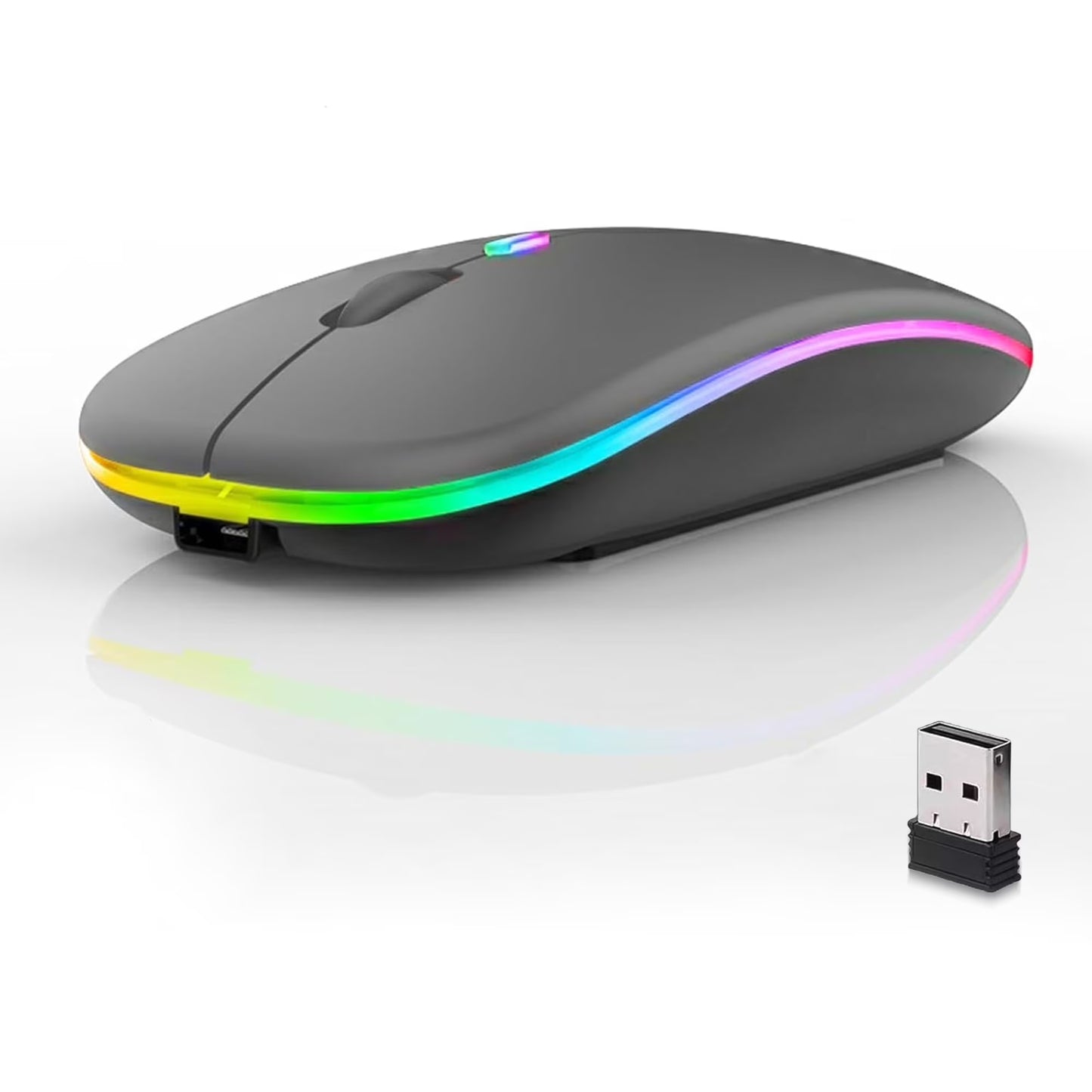 Slim black wireless mouse with LED RGB lighting and USB receiver on white background