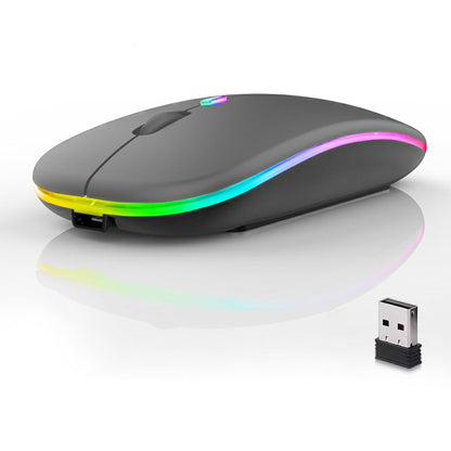 Slim black wireless mouse with LED RGB lighting and USB receiver on white background