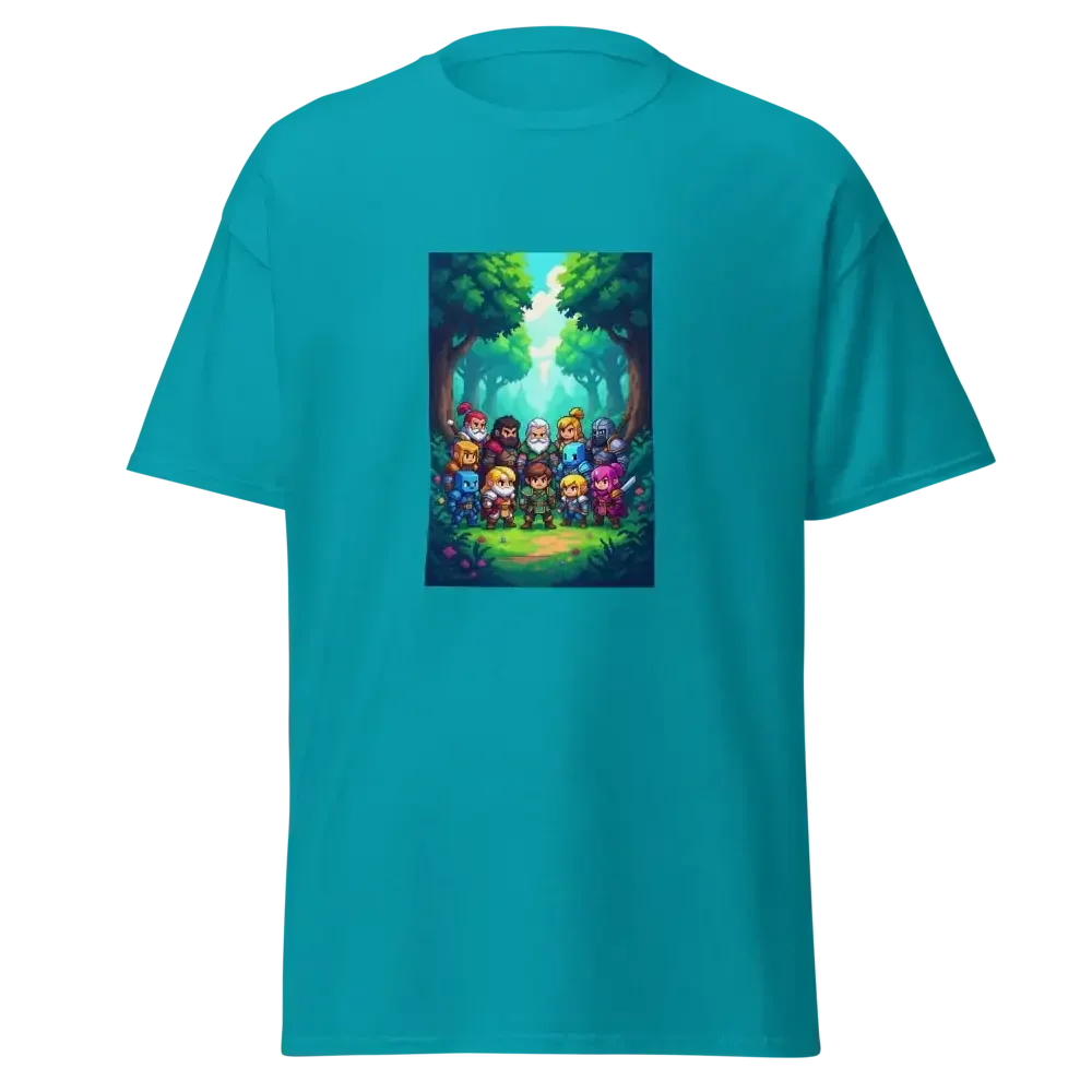 Blue t-shirt with colorful fantasy cartoon characters in a forest print on the chest
