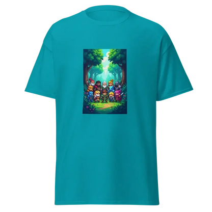 Blue t-shirt with colorful fantasy cartoon characters in a forest print on the chest