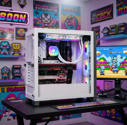 White gaming PC with RGB lighting on desk, retro 8-bit gaming setup, pixel art decor