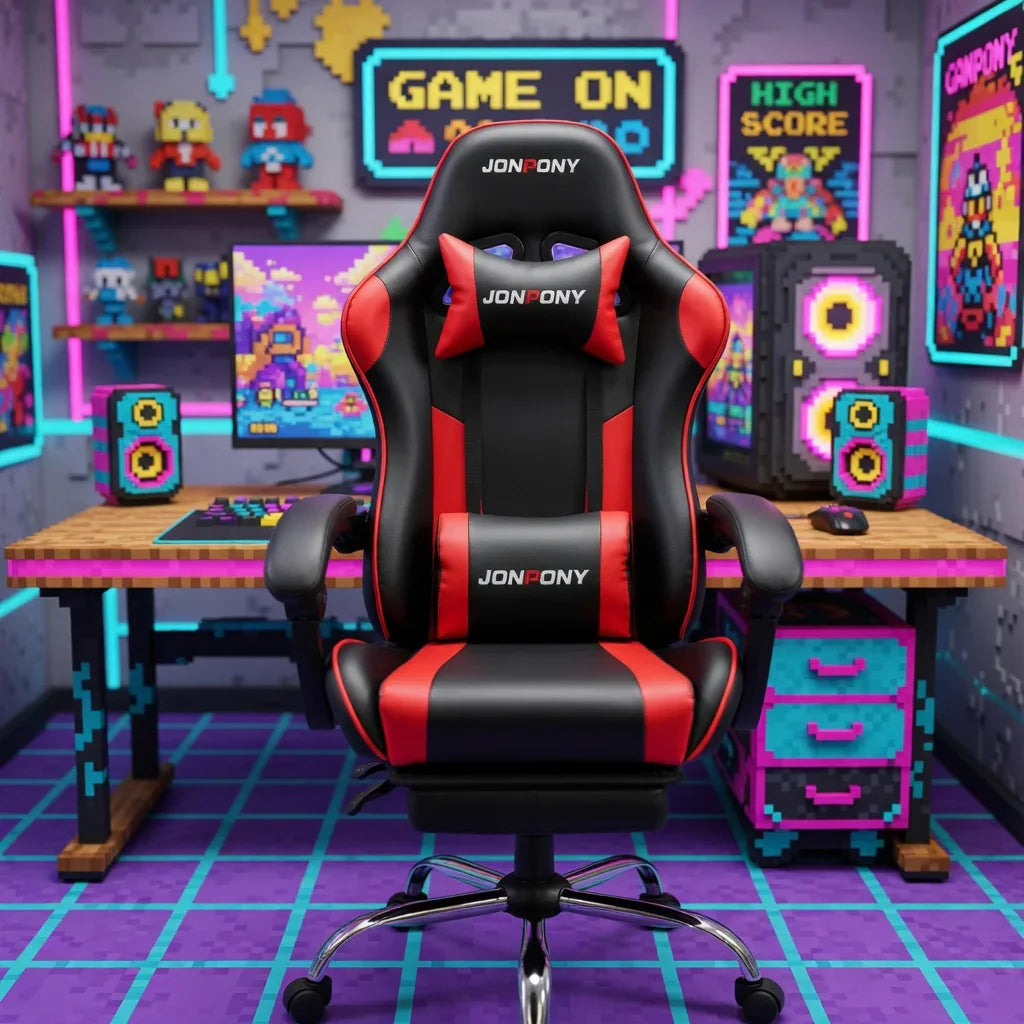 Red and black gaming chair in a retro 8-bit themed gaming setup with neon lights and pixel art decor.