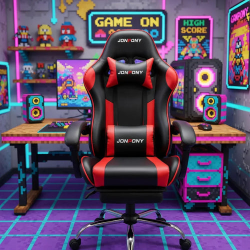 Red and black gaming chair in a retro 8-bit themed gaming setup with neon lights and pixel art decor.