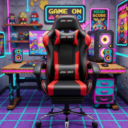 Red and black gaming chair in a retro 8-bit themed gaming setup with neon lights and pixel art decor.