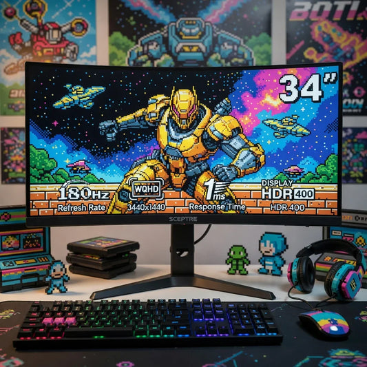 Retro gaming setup with 34-inch curved monitor, RGB keyboard, mouse, and pixel art decor.