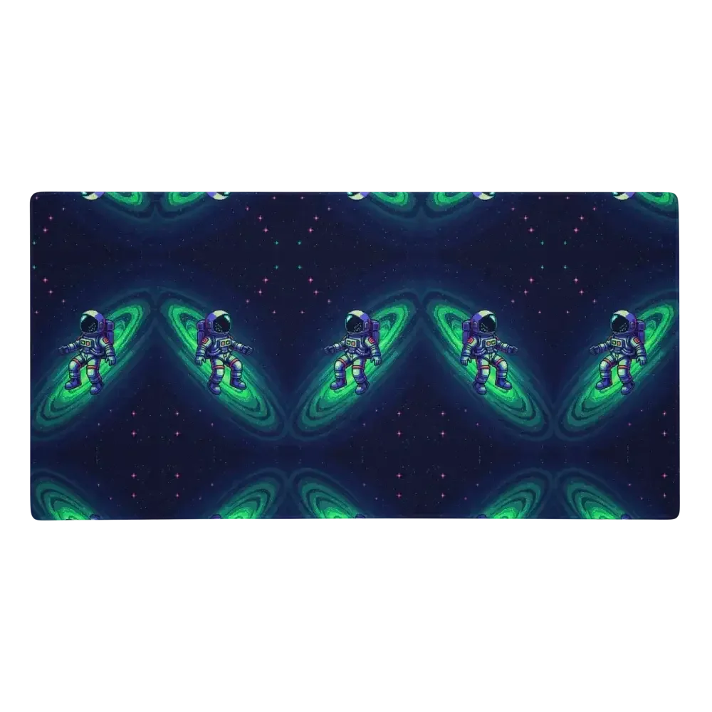 Pattern of pixel art astronauts floating in space with glowing green spiral galaxies