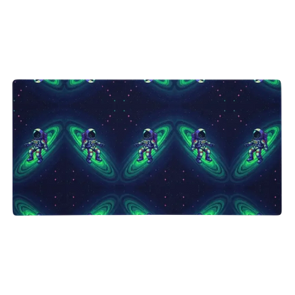 Pattern of pixel art astronauts floating in space with glowing green spiral galaxies