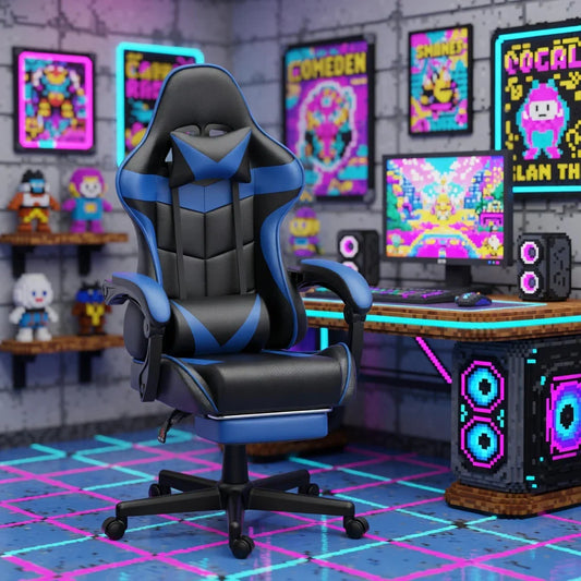 Blue and black gaming chair in retro 8-bit themed gaming room with computer setup