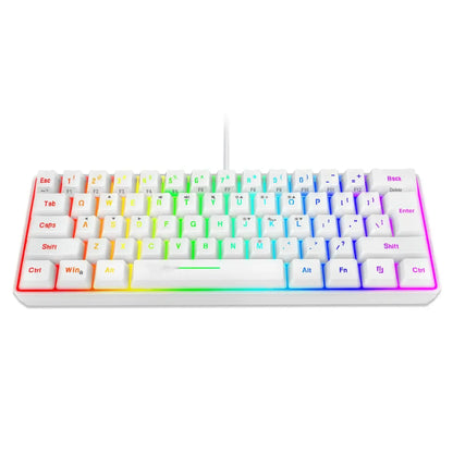 White compact gaming keyboard with customizable RGB backlit keys in rainbow colors and wired connection