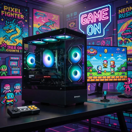 RGB gaming PC setup with retro pixel art decor and 8-bit video game on monitor