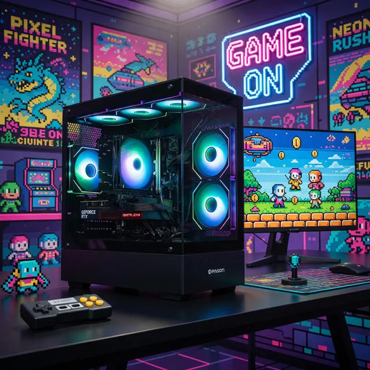RGB gaming PC setup with retro pixel art decor and 8-bit video game on monitor