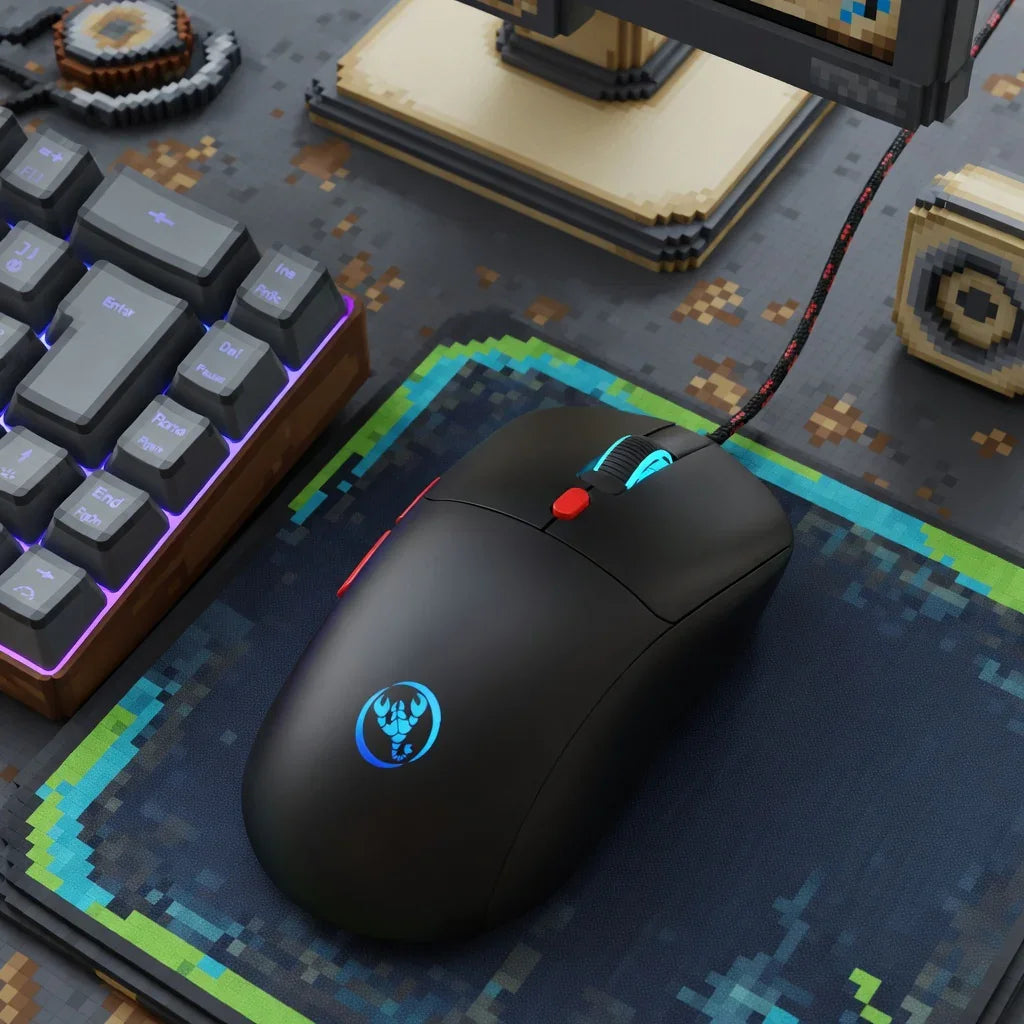 8-bit style gaming mouse and mechanical keyboard on pixel art mouse pad