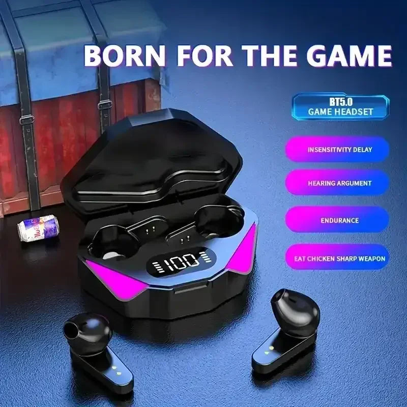 Gaming wireless earbuds with charging case, LED display, game headset features, treasure chest