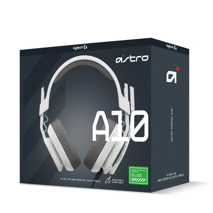 Logitech Astro A10 white gaming headset box with detachable 3.5mm cable compatible with PC, PS5, Xbox Series, Switch, and mobile