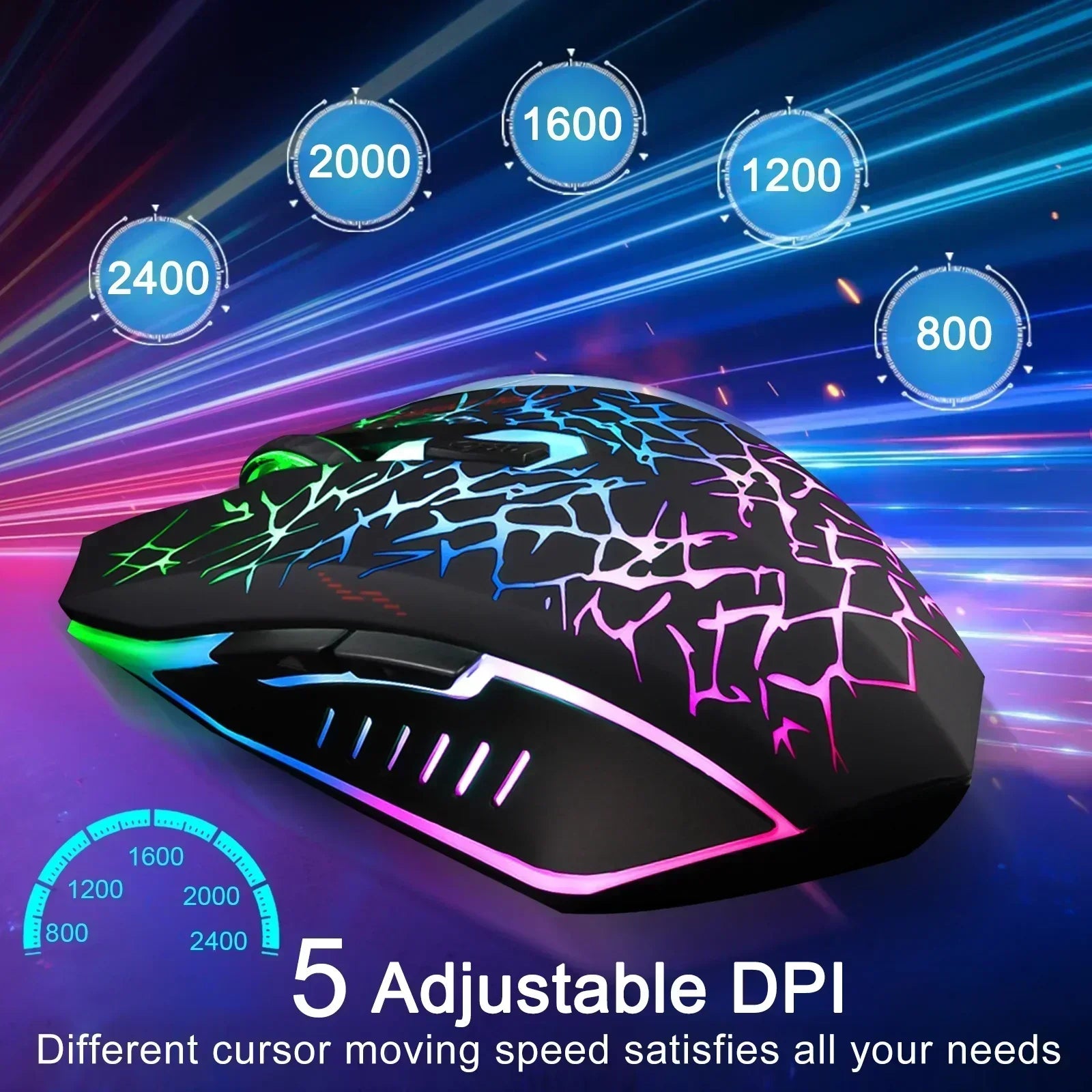 Colorful RGB gaming mouse with crack pattern design, five adjustable DPI settings displayed.