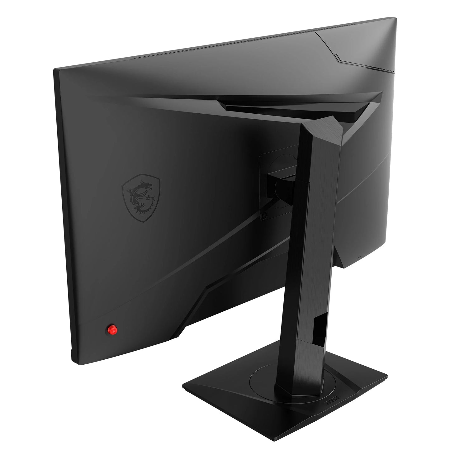 Rear view of black MSI gaming monitor with angular stand and dragon logo, modern gaming display