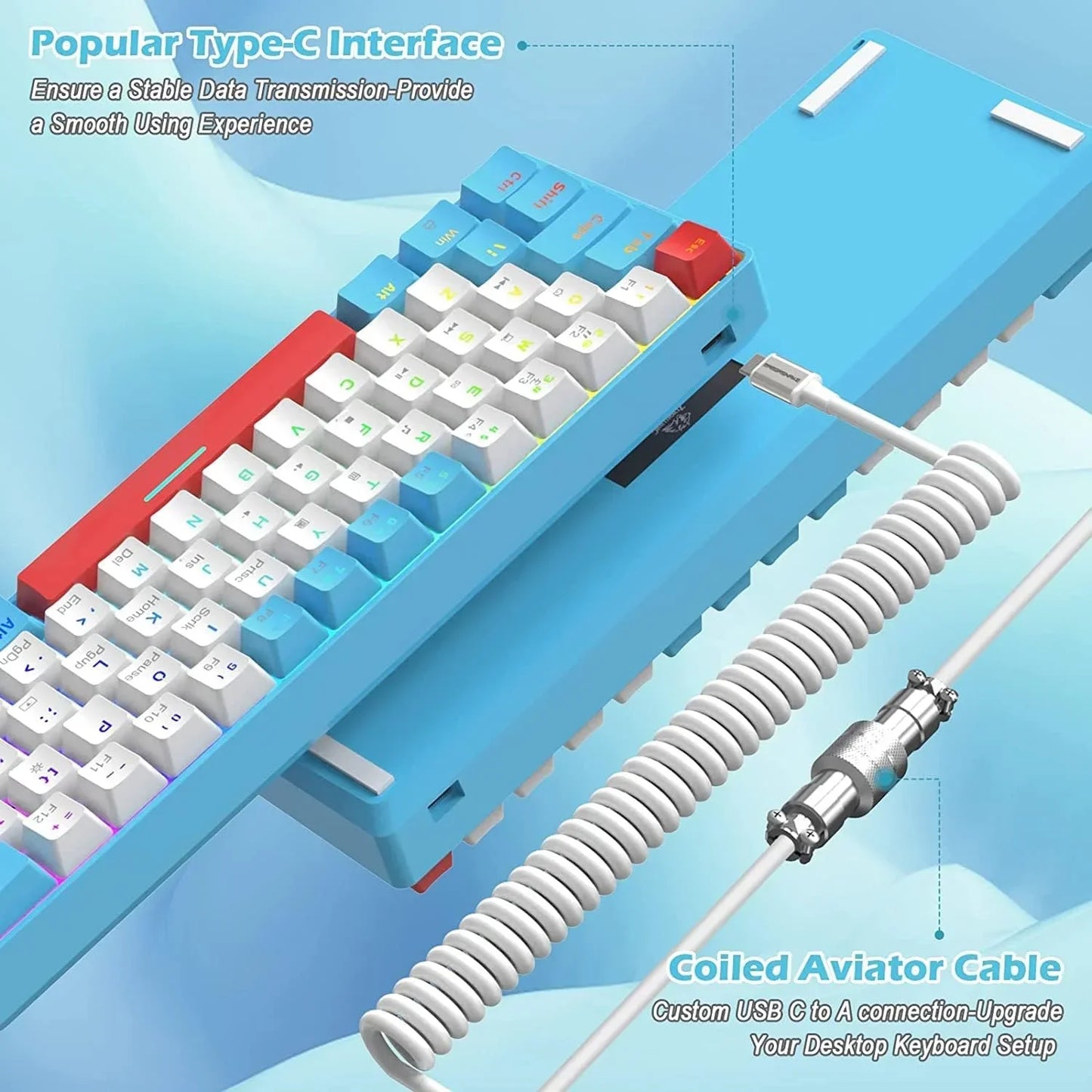 Blue and white mechanical keyboard with colorful keycaps connected via popular Type-C interface and coiled aviator cable