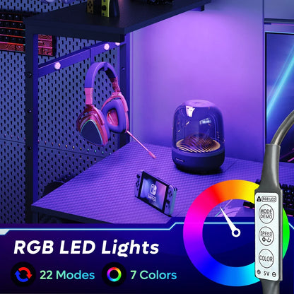 Gaming setup with RGB LED lights, wireless headset on pegboard, Nintendo Switch, and wireless speaker