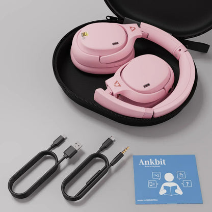 Pink wireless gaming headset in carrying case with USB-C charging cable, audio cable, and manual
