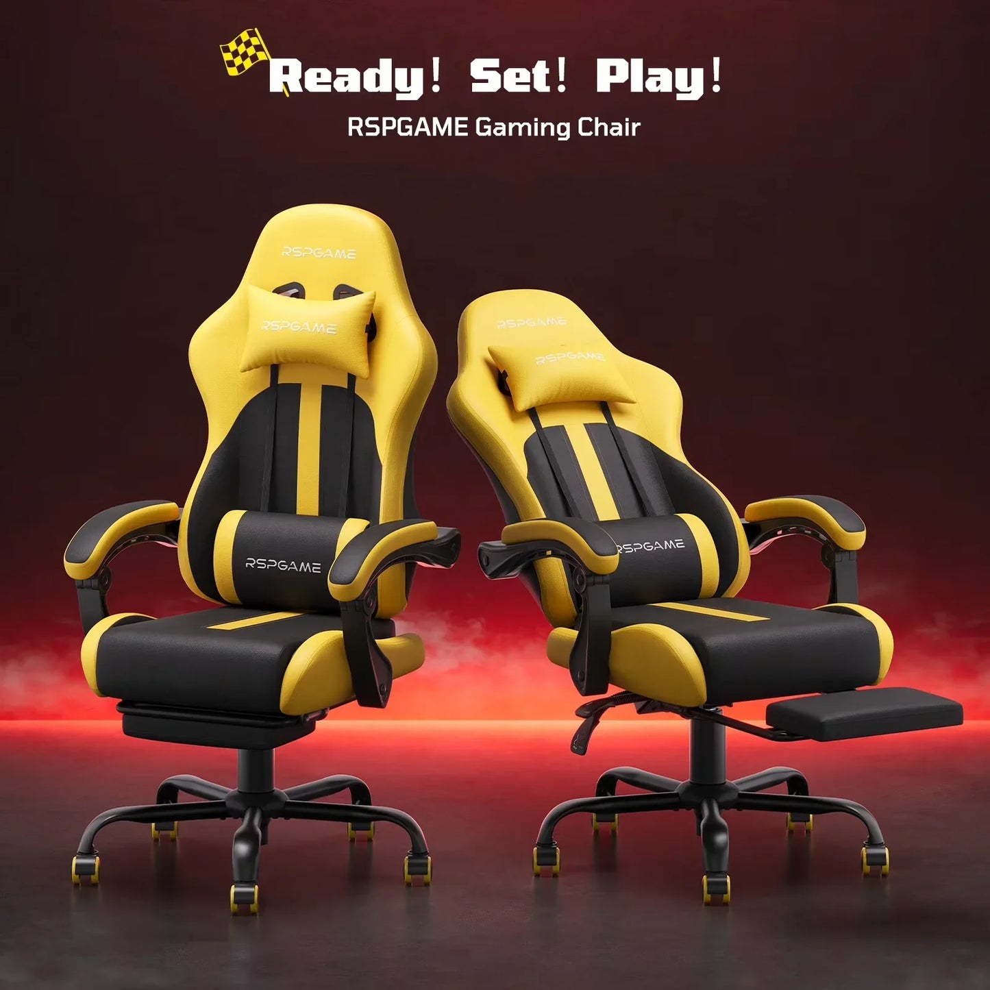 Yellow and black RSPGAME gaming chair with lumbar support, adjustable arms, and footrest for ergonomic comfort.