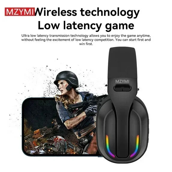 Wireless gaming headset with LED lights, smartphone, and action shooter game visuals