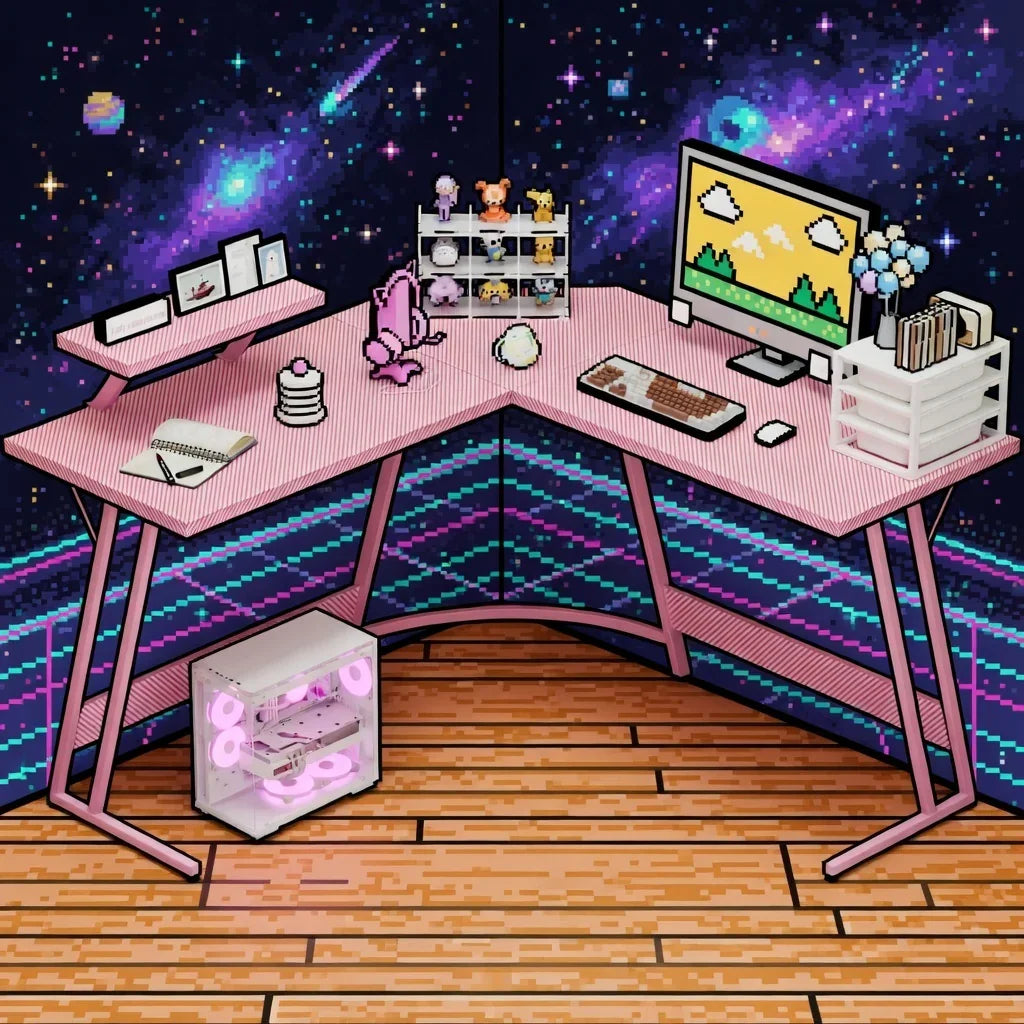 Retro 8-bit themed gaming setup with pink L-shaped desk, desktop PC, and pixel art decor.