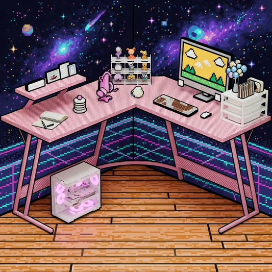 Retro 8-bit themed gaming setup with pink L-shaped desk, desktop PC, and pixel art decor.