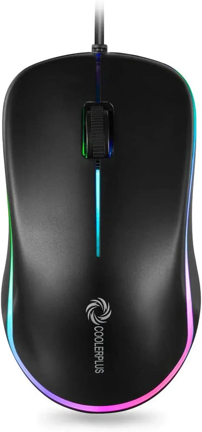 Black gaming mouse with RGB lighting and Coolerplus logo, wired, for PC gaming setup.