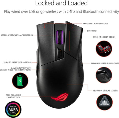 Black gaming mouse with RGB scroll wheel, separated buttons, Mayan-inspired grips, and 16,000 DPI sensor