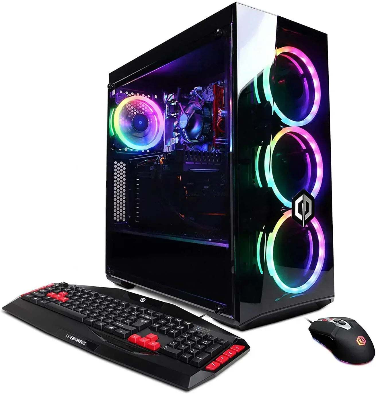 Gaming PC with RGB lights, mechanical keyboard, and gaming mouse on white background