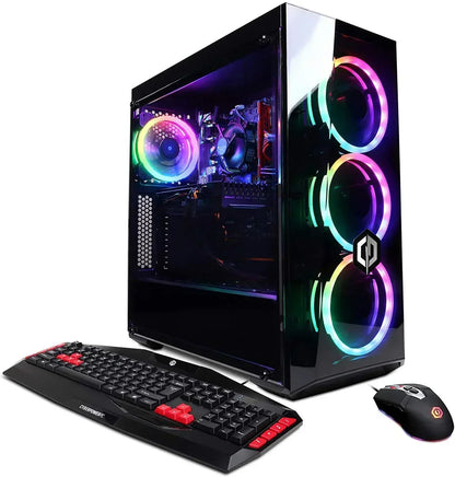 Gaming PC with RGB lights, mechanical keyboard, and gaming mouse on white background
