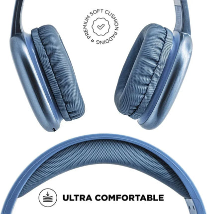 Close-up of blue gaming headphones with premium soft cushion padding and ultra comfortable design