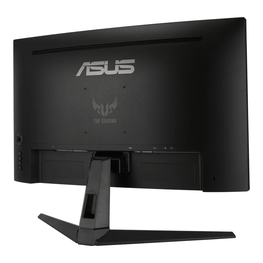 Rear view of black ASUS TUF Gaming monitor with angled stand and ventilation